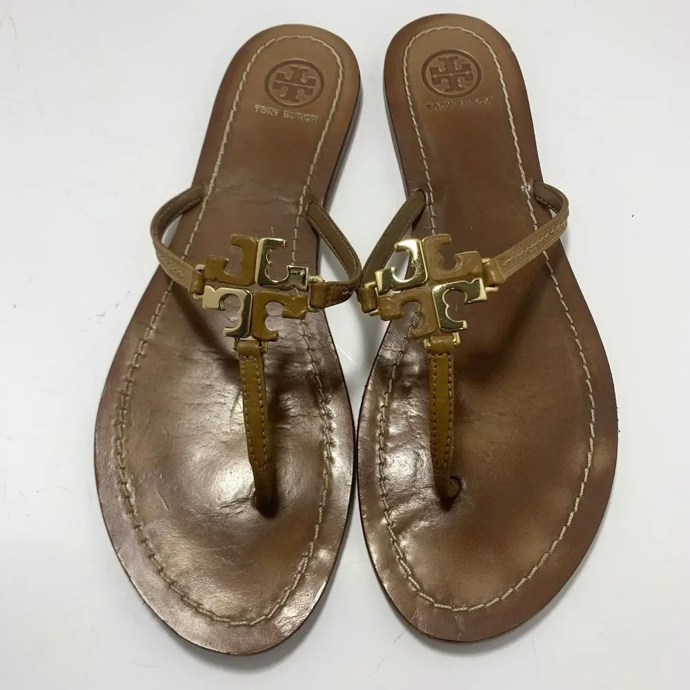 Tory Burch Golden Metal Logo T-Strap Leather Flat Sandals Size 9 Womens